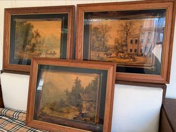 Ingekleurde Gravures (3) - Landschapszichten - Houten kader beschikbaar voor biedingen