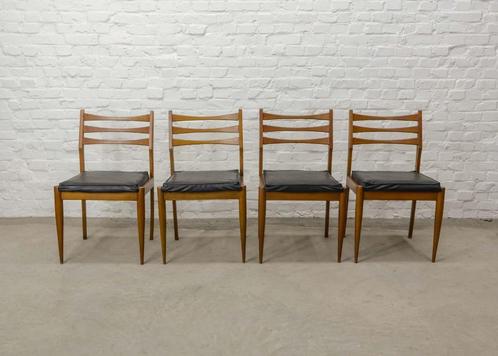 4 vintage design teak eetkamerstoelen met skai bekleding 60s, Huis en Inrichting, Stoelen, Gebruikt, Vier, Hout, Kunststof, Zwart