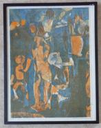 ONLEESBAAR / FIGUREN / HOUTSNEDE / 67x52cm / KADER / SIG, Antiek en Kunst, Kunst | Litho's en Zeefdrukken, Ophalen of Verzenden