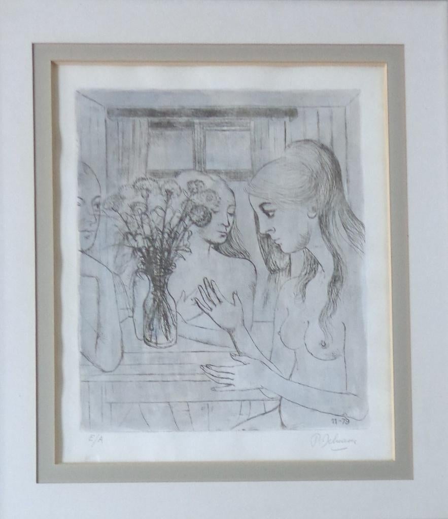 PAUL DELVAUX / LES OEILLETS / ZW-W ETS / 83x74cm / KADER SIG, Antiek en Kunst, Kunst | Litho's en Zeefdrukken, Ophalen