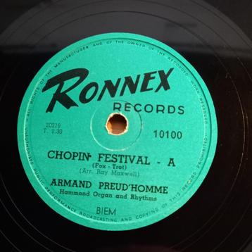 Armand Preud'homme – Festival Chopin - A & B -10", 78 RPM, Enlèvement ou Envoi, Classicisme, Comme neuf, 10 pouces