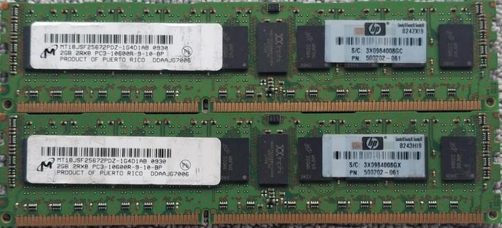 2 Micron 2GB DDR3 ECC (RDIMM) – MT18JSF25672PDZ‑1G4D1AB, Computers en Software, RAM geheugen, Gebruikt, 2 GB, DDR3, Ophalen