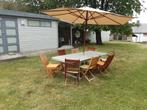 Table de jardin,  8 chaises avec coussins et parasol, Tuin en Terras, Tuintafels, Teakhout, Gebruikt, Rechthoekig, Ophalen