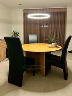 Ronde eettafel Jysk met 3 lederen stoelen, Ophalen, 100 tot 150 cm, Rond, Zo goed als nieuw