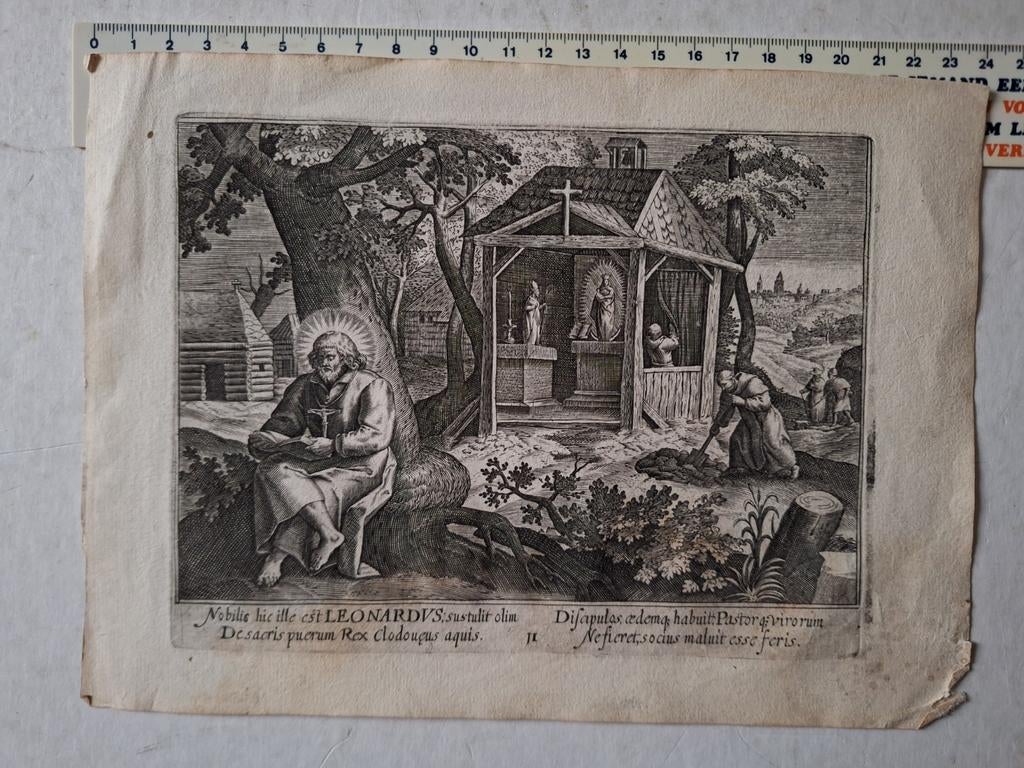 17de eeuwse ets Maarten De Vos naar Johann Sadeler Leonardus, Antiek en Kunst, Kunst | Etsen en Gravures, Ophalen of Verzenden