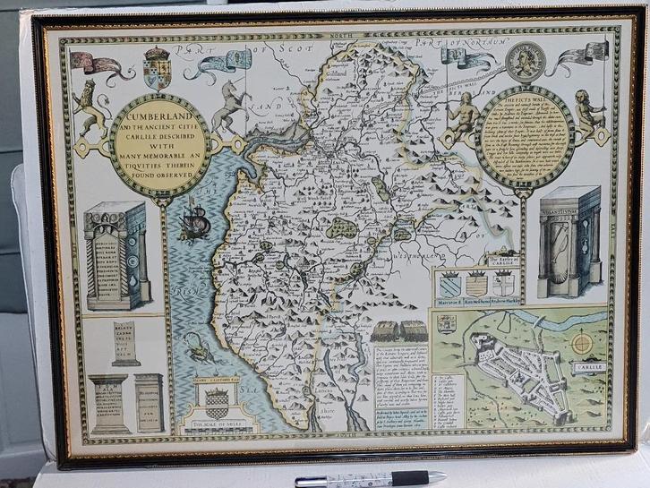 Britse inlijsting Cumberland map - John SPEED cartograaf, Antiek en Kunst, Kunst | Litho's en Zeefdrukken, Ophalen of Verzenden
