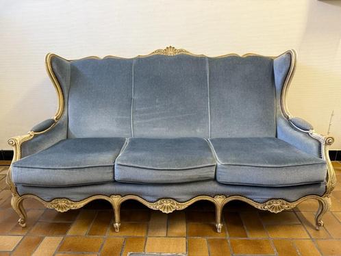 Driezitszetel in fluweel met houten frame, Huis en Inrichting, Zetels | Zetels en Chaises Longues, Gebruikt, Driepersoons, 200 tot 250 cm