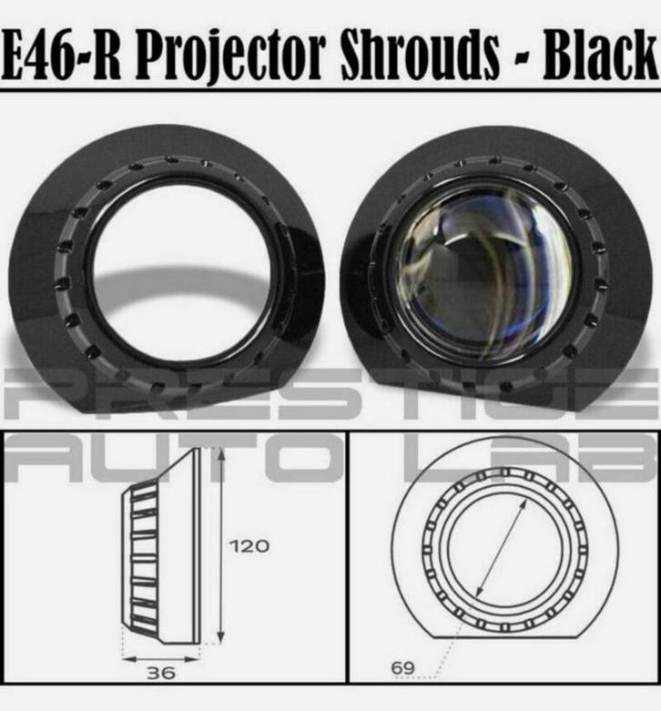 2x E46-R Zwarte 2,5-3" SHROUDS Xenon lens PROJECTOR bmw E46, Auto-onderdelen, Verlichting, BMW, Ophalen of Verzenden