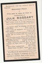 Décès Julie MASSART Huy 1913 à l'âge de 87 ans, Envoi, Image pieuse