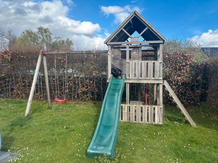 Speelhuis hout, Kinderen en Baby's, Speelgoed | Buiten | Speeltoestellen, Zo goed als nieuw, Brandweerpaal, Glijbaan, Klimwand