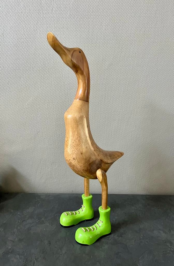 Canard en bois fait main - bottes vertes, Antiquités & Art, Art | Sculptures & Bois, Enlèvement ou Envoi, Fait main