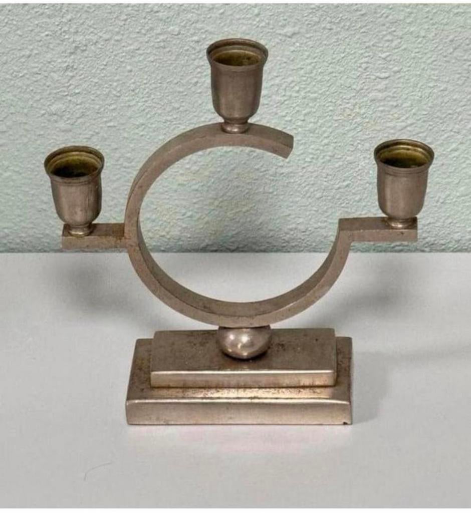 Antieke Just Andersen tin tinnen driedelige kandelaar diearm, Antiek en Kunst, Antiek | Kandelaars, Overige materialen, Ophalen of Verzenden