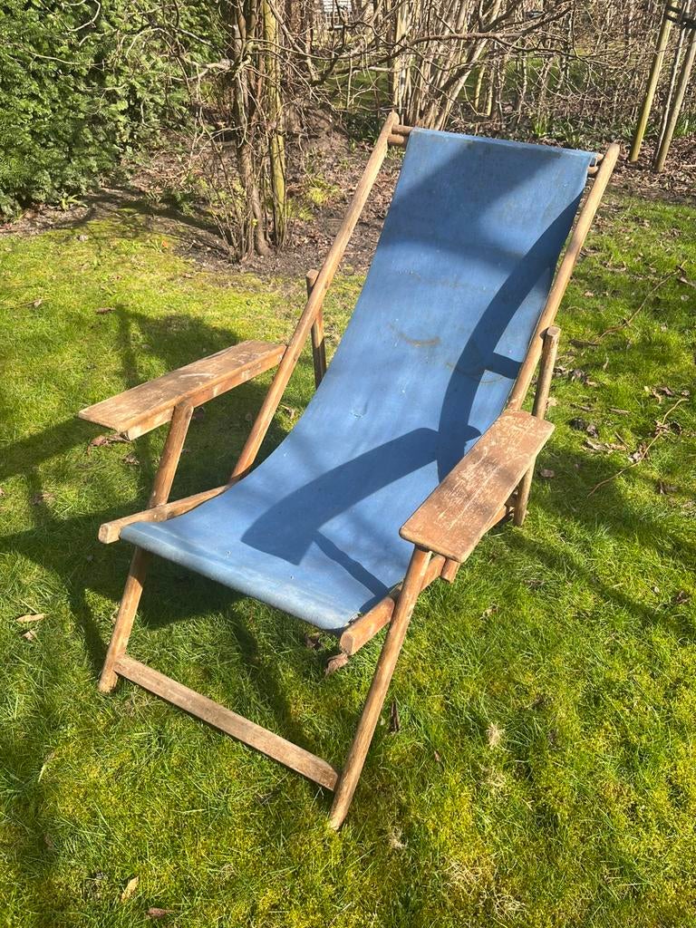 ANTIEKE DECKCHAIR LIGSTOEL HOUT STOF TUIN, Jardin & Terrasse, Chaises longues, Utilisé, Bois, Enlèvement