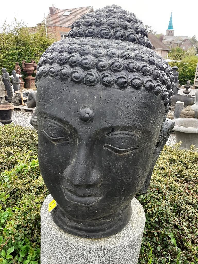 KORTING GROOT BOEDDHAHOOFD IN GEPATINEERDE STEEN 75 CM, Tuin en Terras, Tuinbeelden, Zo goed als nieuw, Boeddhabeeld, Steen, Ophalen
