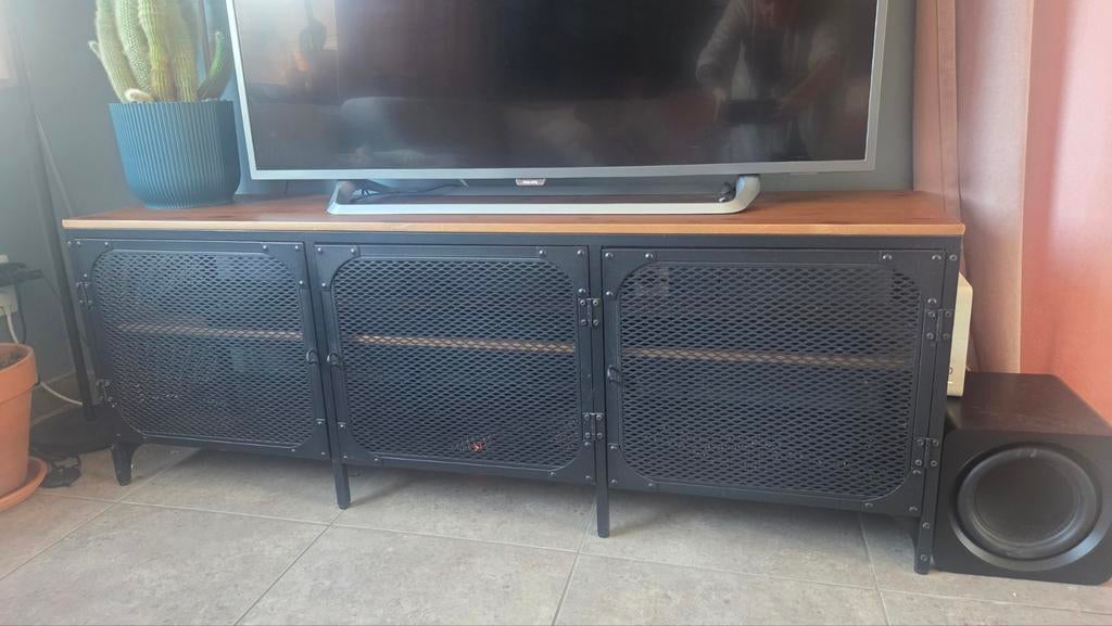 FLALLBO TV meubel en salontafel zwart metaal en hout, Gebruikt, 100 tot 150 cm, Rustiek industrial, Minder dan 100 cm