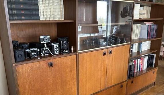 FORMULE vintage modulaire boekenkast — jaren 60/70 — hout, Huis en Inrichting, Kasten | Boekenkasten, Gebruikt, Met deur(en), Ophalen