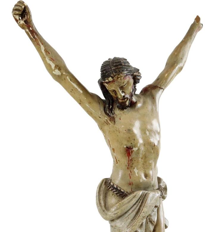 Corpus Hout Polychroom Antiek Christi 18de Eeuw Sculptuur, Antiek en Kunst, Antiek | Religieuze voorwerpen, Ophalen of Verzenden