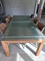Teak tafel met glazen blad en 6 stoelen, Huis en Inrichting, Ophalen, 100 tot 150 cm, 200 cm of meer, Zo goed als nieuw