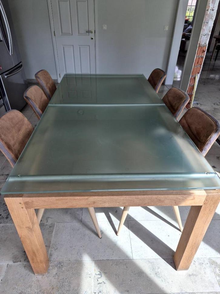 Teak tafel met glazen blad en 6 stoelen, Huis en Inrichting, Tafels | Salontafels, Zo goed als nieuw, 75 cm of meer, 100 tot 150 cm
