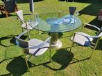 Table en verre à légèrement restaurer et 4 chaises qui vont, 100 à 150 cm, Rond, Enlèvement, Utilisé