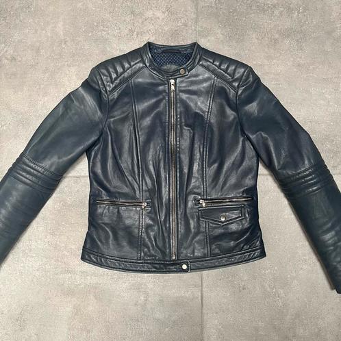 Leren motorjack-stijl vest – Massimo Dutti, Kleding | Dames, Jassen | Winter, Zo goed als nieuw, Maat 38/40 (M), Blauw, Ophalen