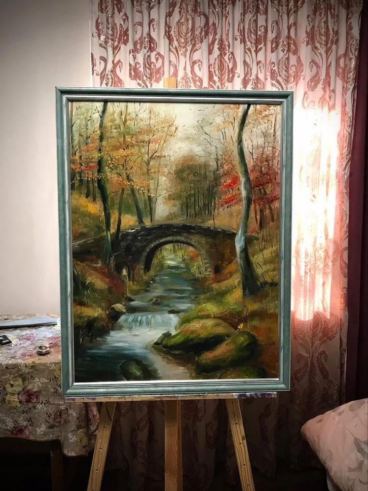 serene herfstlandschap met een stenen brug over een beek, Antiek en Kunst, Kunst | Schilderijen | Klassiek, Ophalen