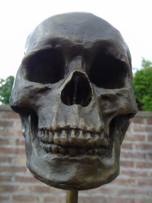 bronzen beeld van een menselijke schedel gesigneerd op marme, Antiek en Kunst, Antiek | Brons en Koper, Brons, Ophalen