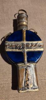 Bouteille vintage bleu cobalt dans un étui en métal, Enlèvement ou Envoi