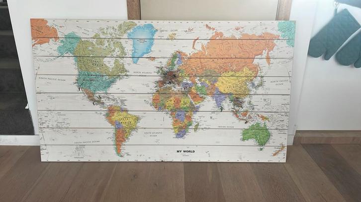 Wereldkaart geprint op hout, Huis en Inrichting, Woonaccessoires | Wanddecoraties, Zo goed als nieuw, Ophalen
