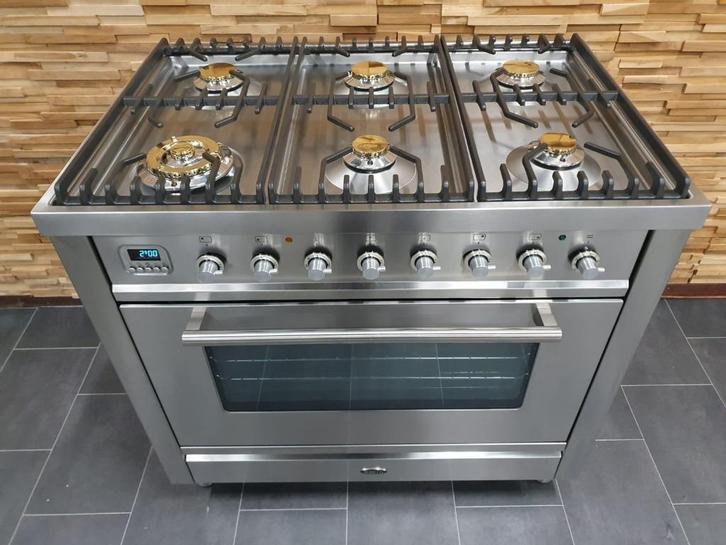 🔥Luxe Boretti Fornuis 90cm rvs + rvs  1 grote oven 6 pits, Elektronische apparatuur, Fornuizen, Zo goed als nieuw, Vrijstaand