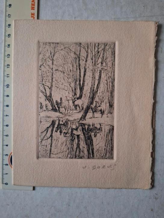 Ets Jaak Gorus Ruiters en paarden in een bos, Antiek en Kunst, Kunst | Etsen en Gravures, Ophalen of Verzenden
