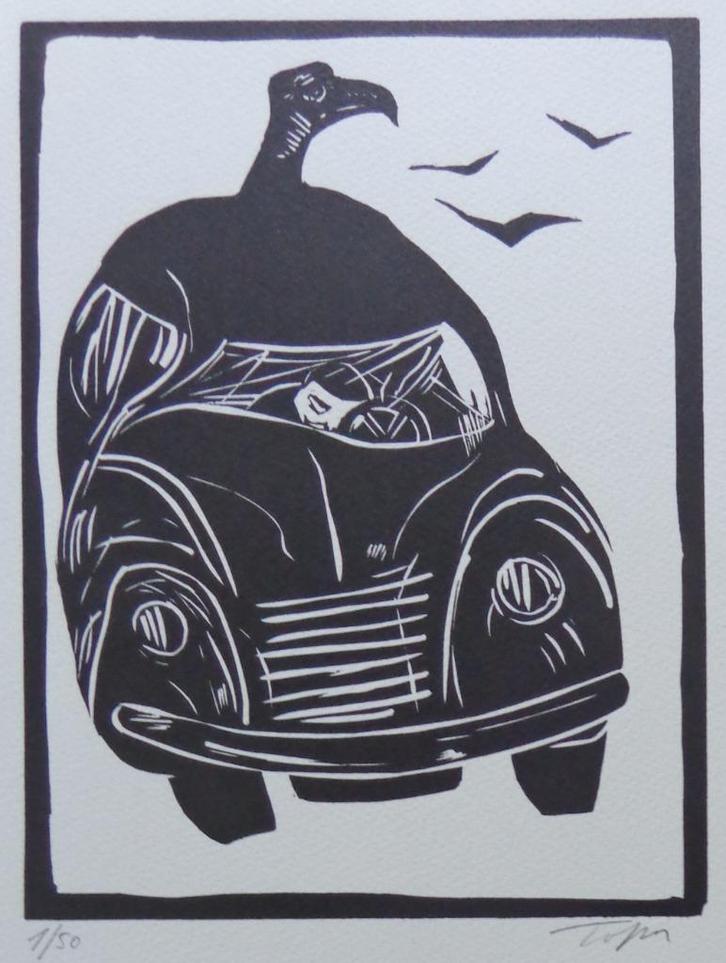 ROLAND TOPOR / KAFKA ONDERWERELD / ZW-W LINOSNEDE / 38x28cm, Antiek en Kunst, Kunst | Litho's en Zeefdrukken, Ophalen of Verzenden