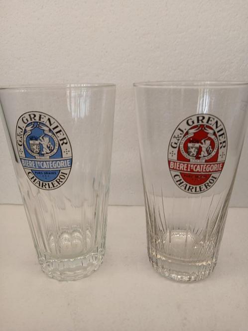 Twee oude G.&J. GRENIER CHARLEROI-glazen Bier 1e categorie, Verzamelen, Biermerken, Zo goed als nieuw, Glas of Glazen, Overige merken