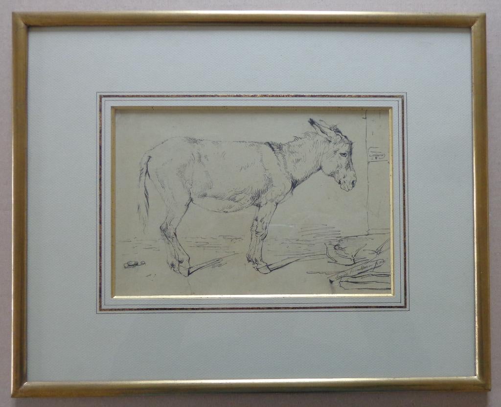 EUGENE VERBOECKHOVEN / EZEL / ORIGINEEL WERK / 37x46cm KADER, Ophalen of Verzenden