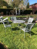 1table et 4 chaises de jardin en métal (avec coussins), Ophalen, Gebruikt, Metaal