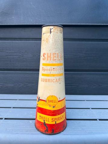 Bidon d’huile conique olieblik olie blik oil can Shell plein beschikbaar voor biedingen