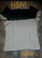 T-shirt ligné avec dentelle H&M taille L, Manches courtes, Noir, Porté, H&M