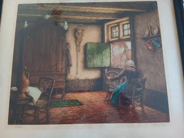 gesigneerde ets , Albert Geudens , de spinster  beschikbaar voor biedingen
