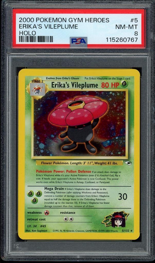 Erika's Vileplume Holo PSA 8 - 5/132 - Gym Heroes 2000, Hobby en Vrije tijd, Verzamelkaartspellen | Pokémon, Zo goed als nieuw