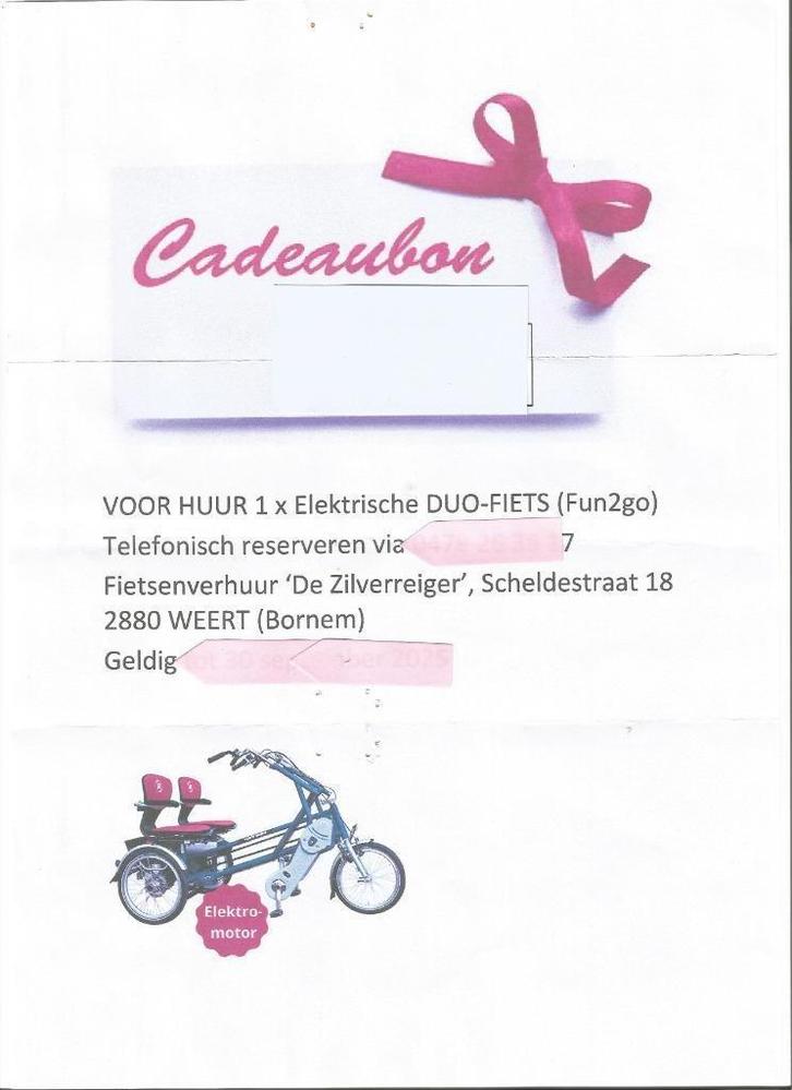 Cadeaubon Fietsverhuur Elektrische duo-fiets, Tickets en Kaartjes, Kortingen en Cadeaubonnen, Twee personen, Overige typen, Cadeaubon