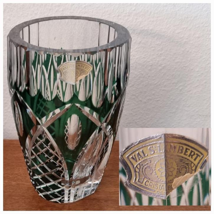 Val Saint Lambert – vase + coupe en cristal taillé vert, Antiek en Kunst, Antiek | Glaswerk en Kristal, Ophalen