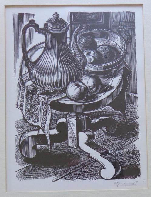 GERARD GAUDAEN / STILLEVEN / ZW-W HOUTSNEDE / 45x35cm KADER, Antiek en Kunst, Kunst | Litho's en Zeefdrukken, Ophalen of Verzenden
