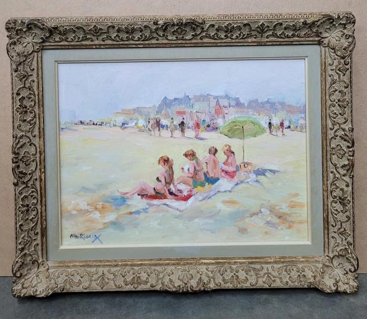 Albert RIGAUX, een zonnige dag op het strand, Antiek en Kunst, Kunst | Schilderijen | Klassiek, Ophalen of Verzenden