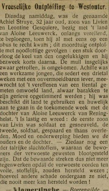 OORLOGSLACHTOFFER ONTPLOFTE OBUS ACHIEL STRUYE WESTOUTER  beschikbaar voor biedingen