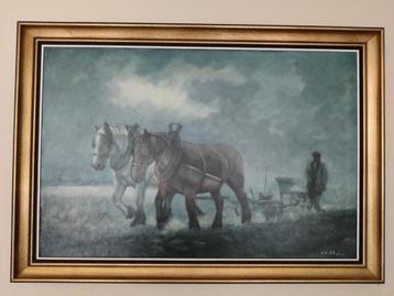 groot schilderij Gilbert Van Belleghem - boer met paardenkar beschikbaar voor biedingen