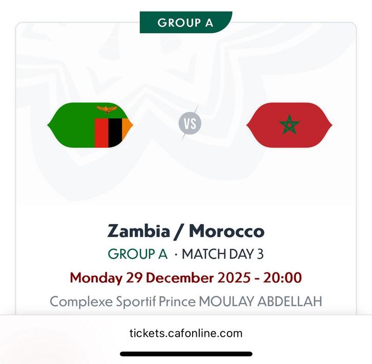 Africa Cup Ticket 2x Zambia - Marokko / 29 December, Tickets en Kaartjes, Sport | Voetbal, Twee personen, December