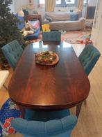 Kersenhouten eettafel en zes fluwelen turquoise stoelen, Huis en Inrichting, Ophalen