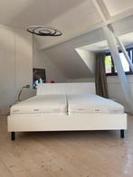 2-persoonsbed. Witte kader met lederen hoofdbord, Ophalen, Wit, 180 cm, 200 cm