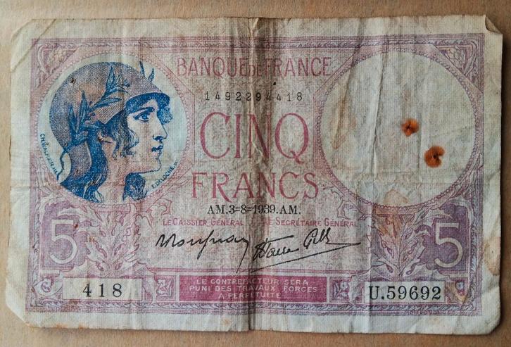 5 Franse franken 1933, Postzegels en Munten, Bankbiljetten | België, Ophalen