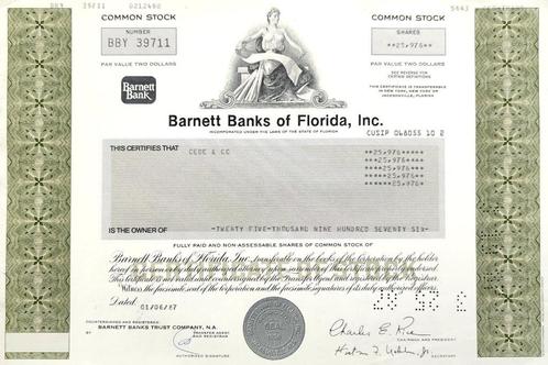 Barnett Banks of Florida 1987, Postzegels en Munten, Aandelen en Waardepapieren, Certificaat van aandeel, 1970 tot heden, Ophalen of Verzenden